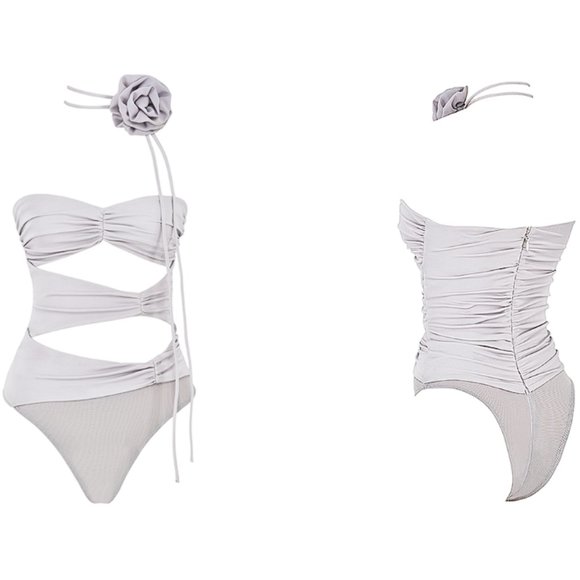 HOUSE OF CB 'Joie' Grey Flower Trimmed Bodysuit NWOT - Picture 6 of 8